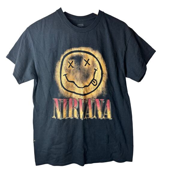 Nirvana Black T-Shirt Mens Medium Graphic Band Grunge Y2K 90s 100% Cotton Smile - Picture 1 of 7